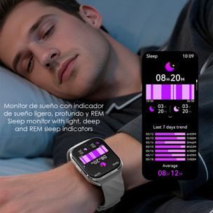 Smartwatch QS66. Display da 1,83" con batteria a lunga durata. Chiamate Bluetooth, assistente vocale, monitoraggio della salute e molteplici modalità sportive. Cinturino in pelle.