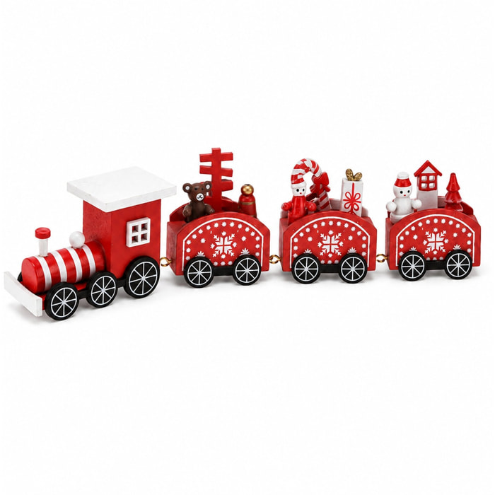 Tren navideño decorativo de madera, colores tradicionales rojo y blanco, con vagones y figuras de navidad, adorno para mesa o estantería, 2