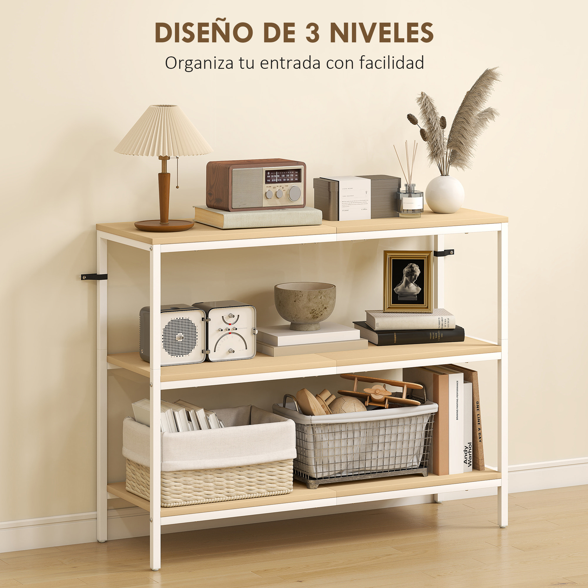 Mesa de Consola Estrecha Consola de Recibidor Mesa de Recibidor Moderna con 3 Estantes Abiertos y Patas de Metal para Pasillo Entrada Salón Dormitorio Natural y Blanco