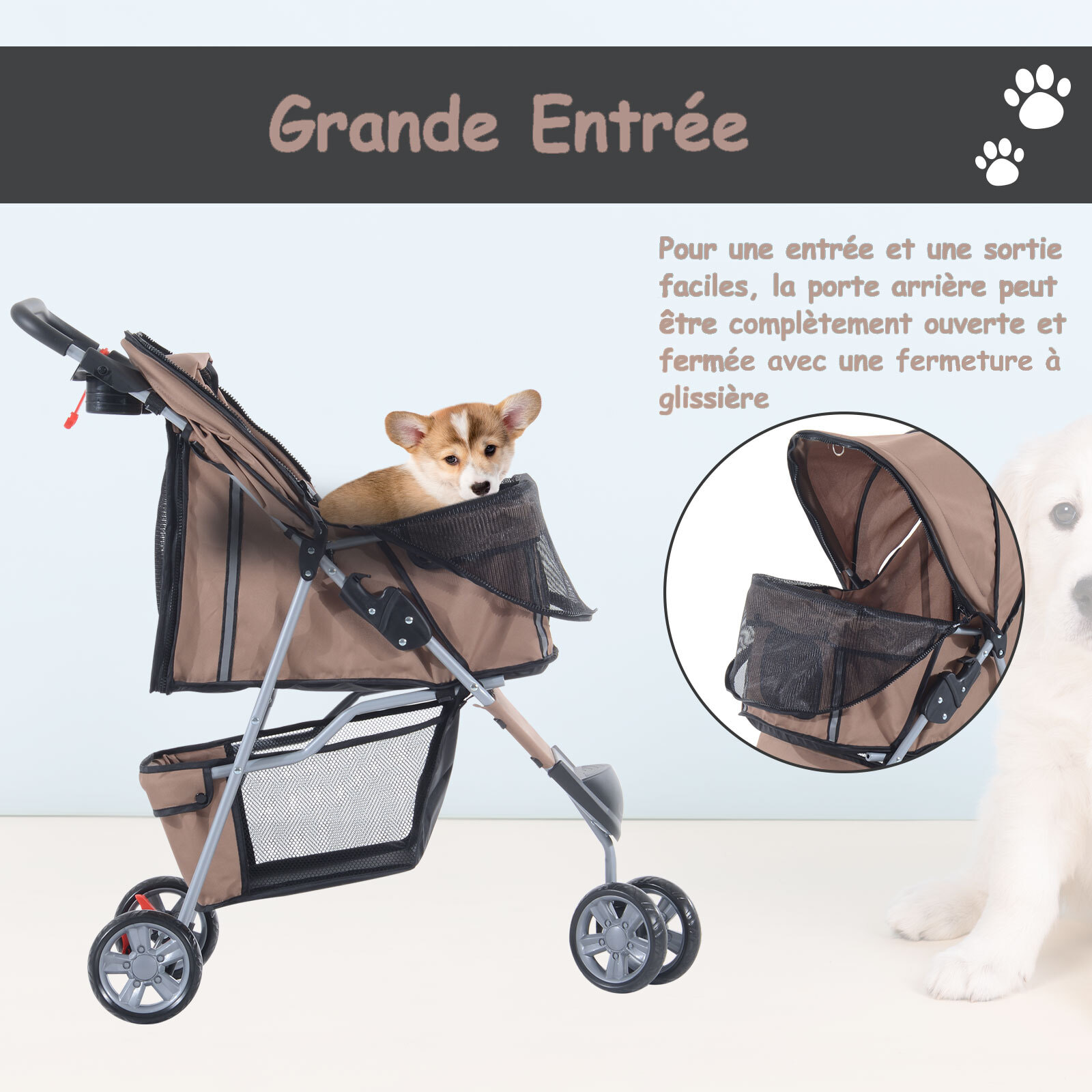 Poussette buggy pour chien chat animaux roue avant pivotante 360 degrés marron