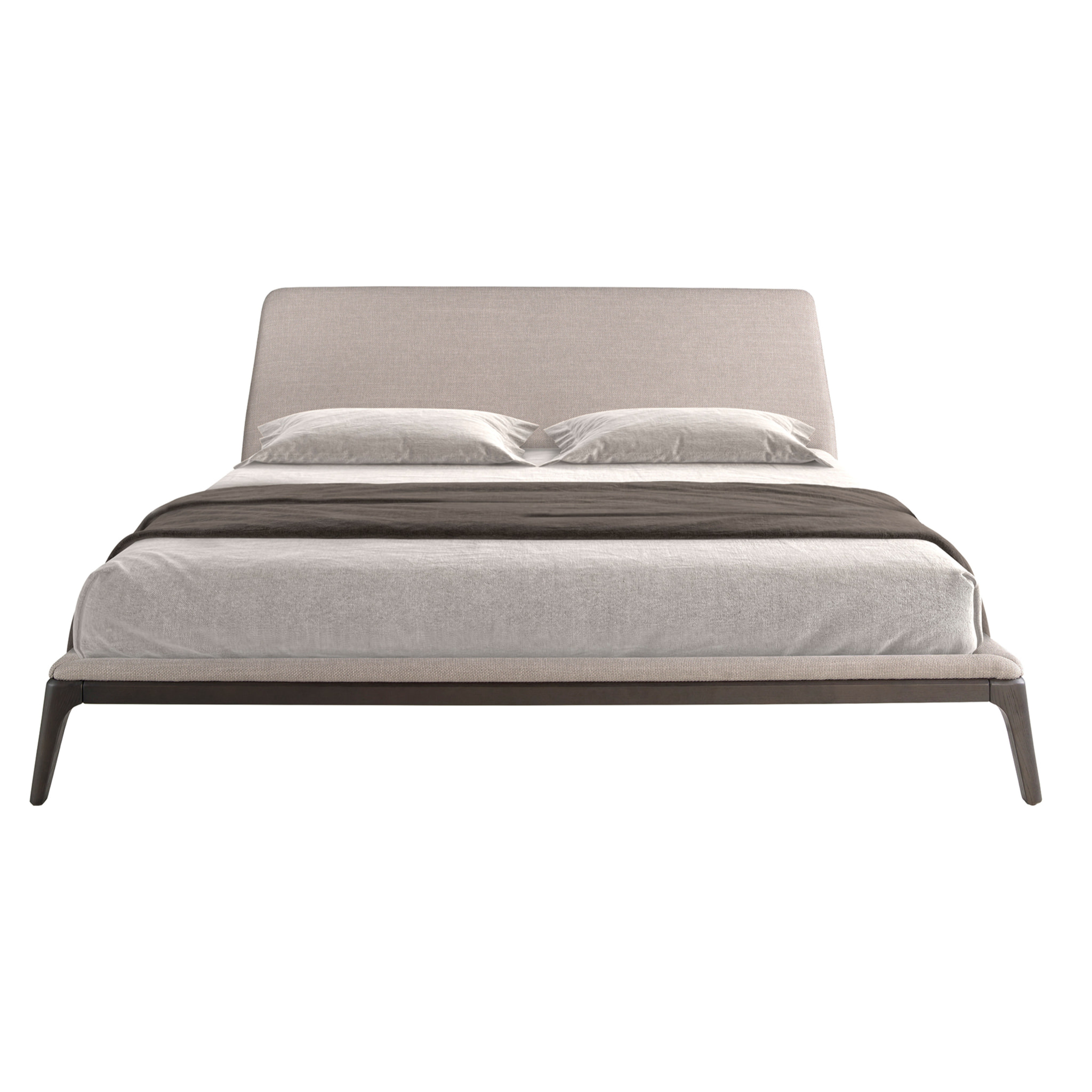Cama Angel Cerdá de matrimonio con cabecero y estructura en tela gris y patas de madera en wengué 192x230x101cm