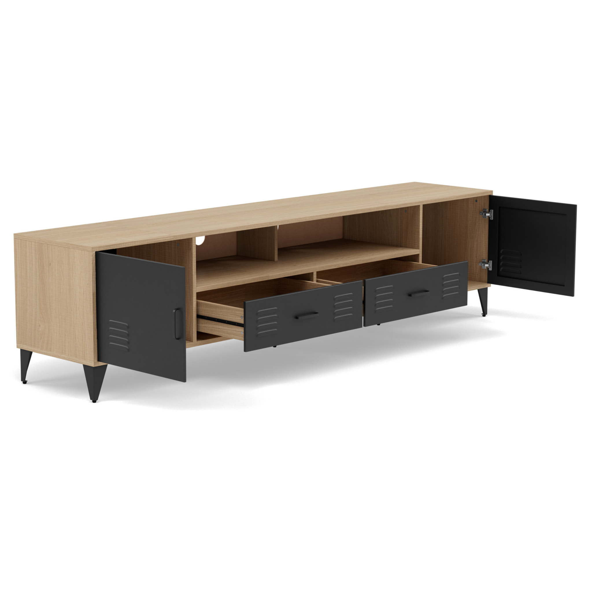 Tribeca - meuble tv - effet bois et métal noir - 2 portes et 2 tiroirs - 200 cm - Bois / Noir