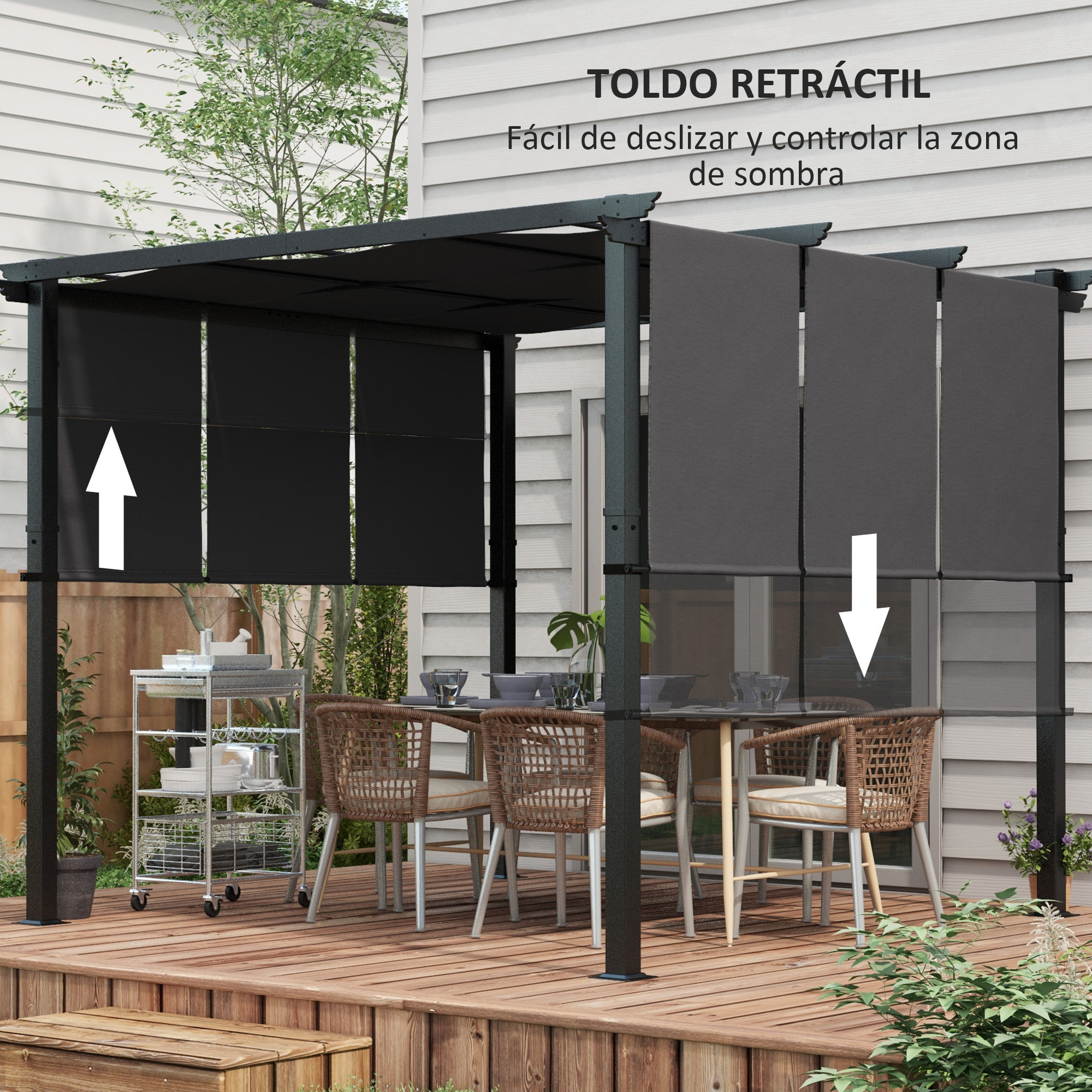Outsunny Pérgola de Jardín 3x3 m Cenador para Exterior con Techo Retráctil Marco de Acero Impermeable y Anti-UV para Terraza Patio Gris Oscuro