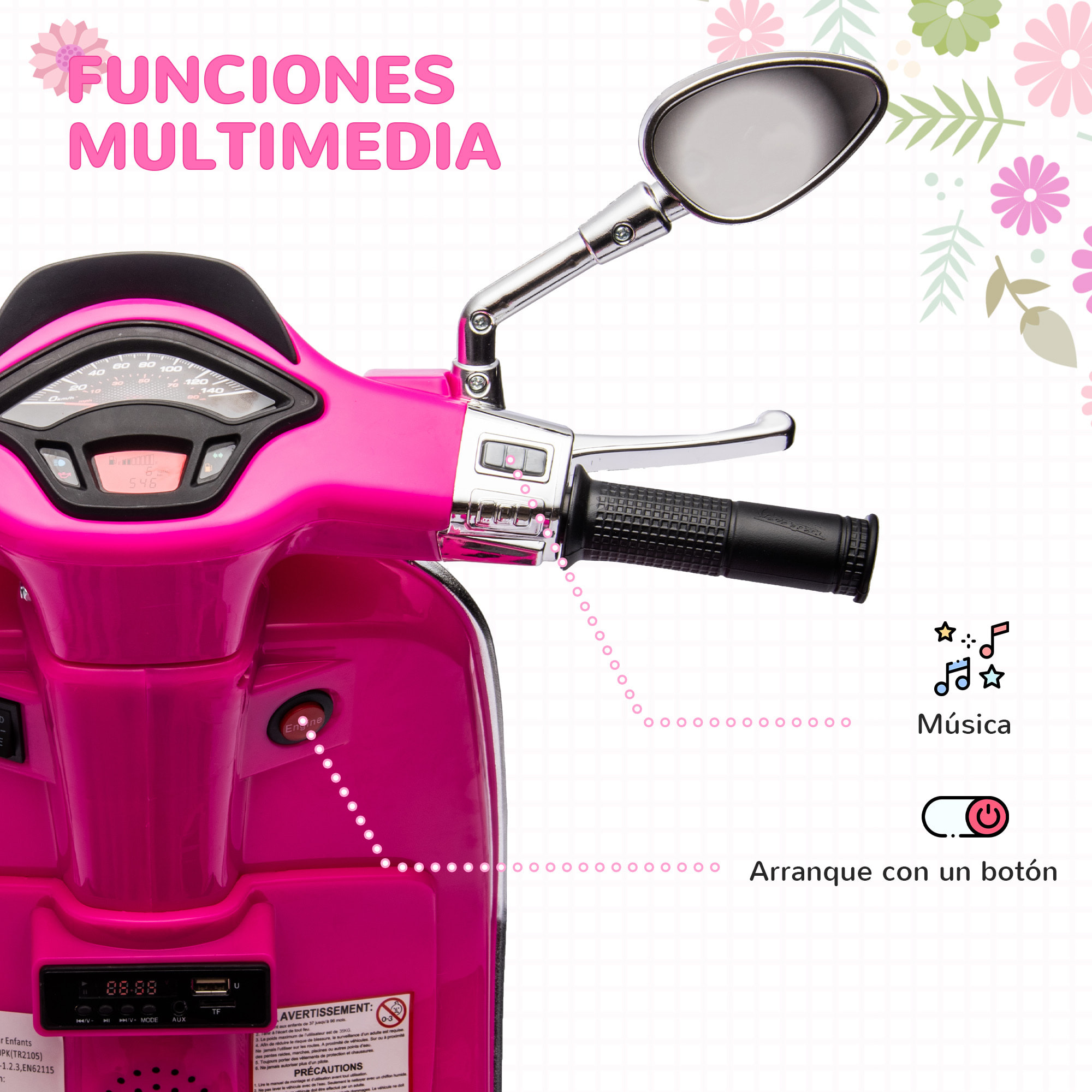 Moto Eléctrica para Niños de +3 Años con Licencia Vespa Moto de Batería para Niños 6V con USB MP3 Luz LED Radio FM Velocidad 3 km/h Carga 35 kg Rosa