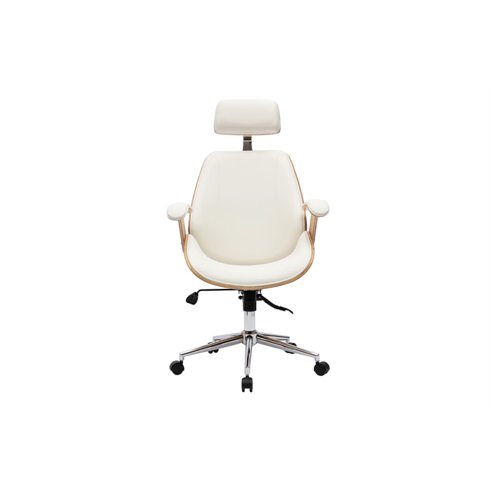 Fauteuil de bureau de direction design blanc, bois clair et acier chromé MUSK