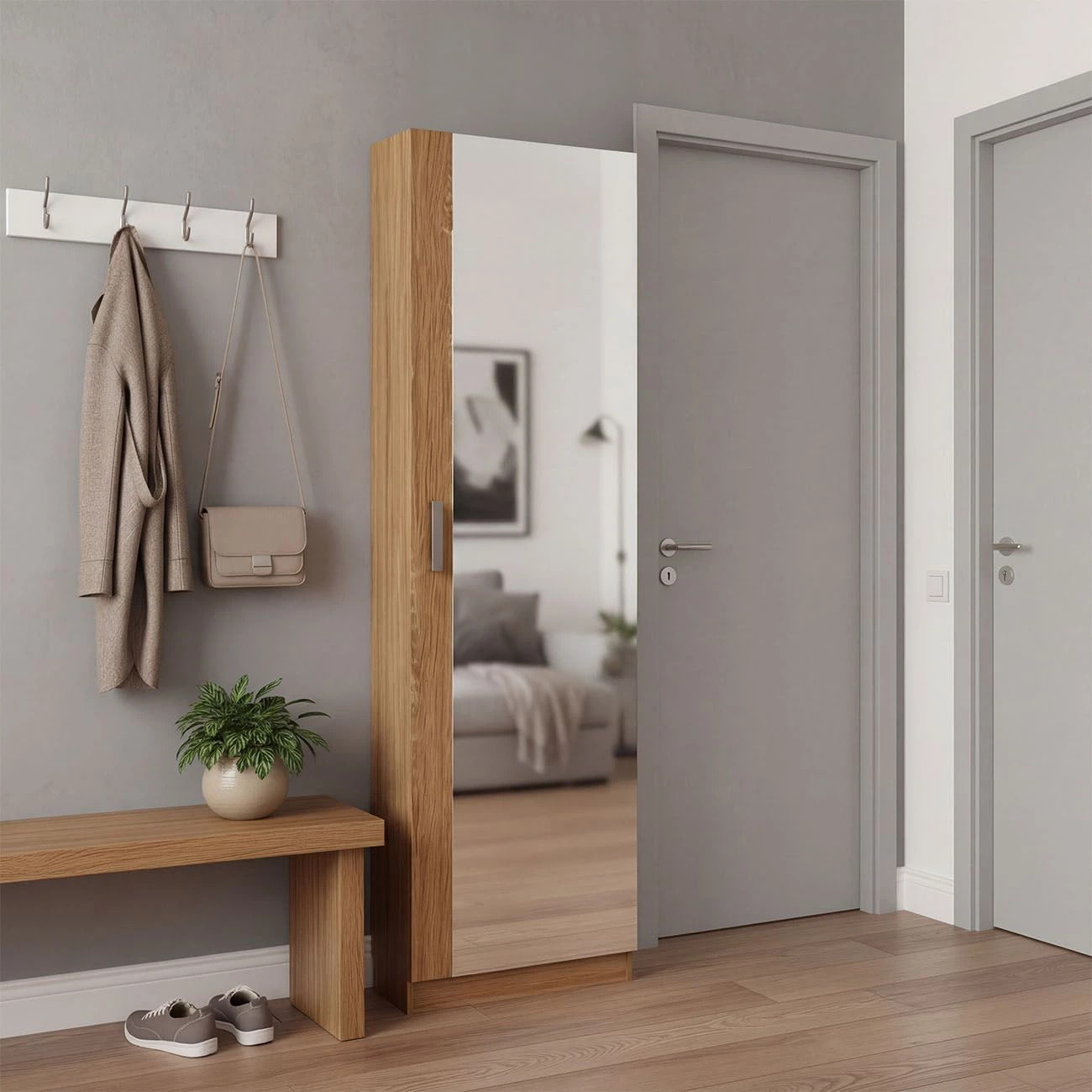 Zapatero alto de 1 puerta con espejo en roble canadian 180x50 cm Roma Roble Canadian