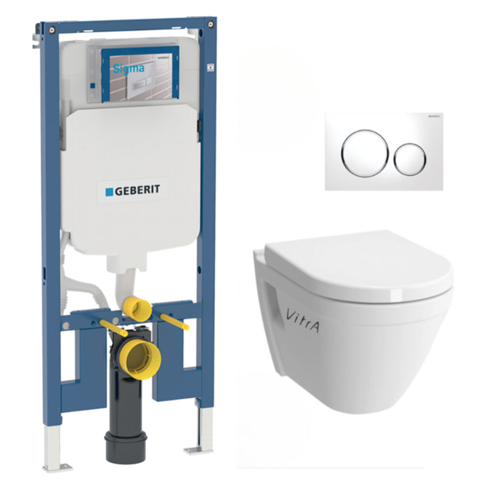 Pack WC Bati-support Geberit + Cuvette suspendue Vitra S50 + Abattant frein de chute + Plaque  blanche et chrome