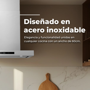 EVVO Campana Extractora 60 cm Ancho Decorativa, Acabado Inox, Potencia 800 m³/h, Filtros de Aluminio y Carbón Activo, Control Táctil y Gestual, Eficiencia Energética A++, CE32 Inox