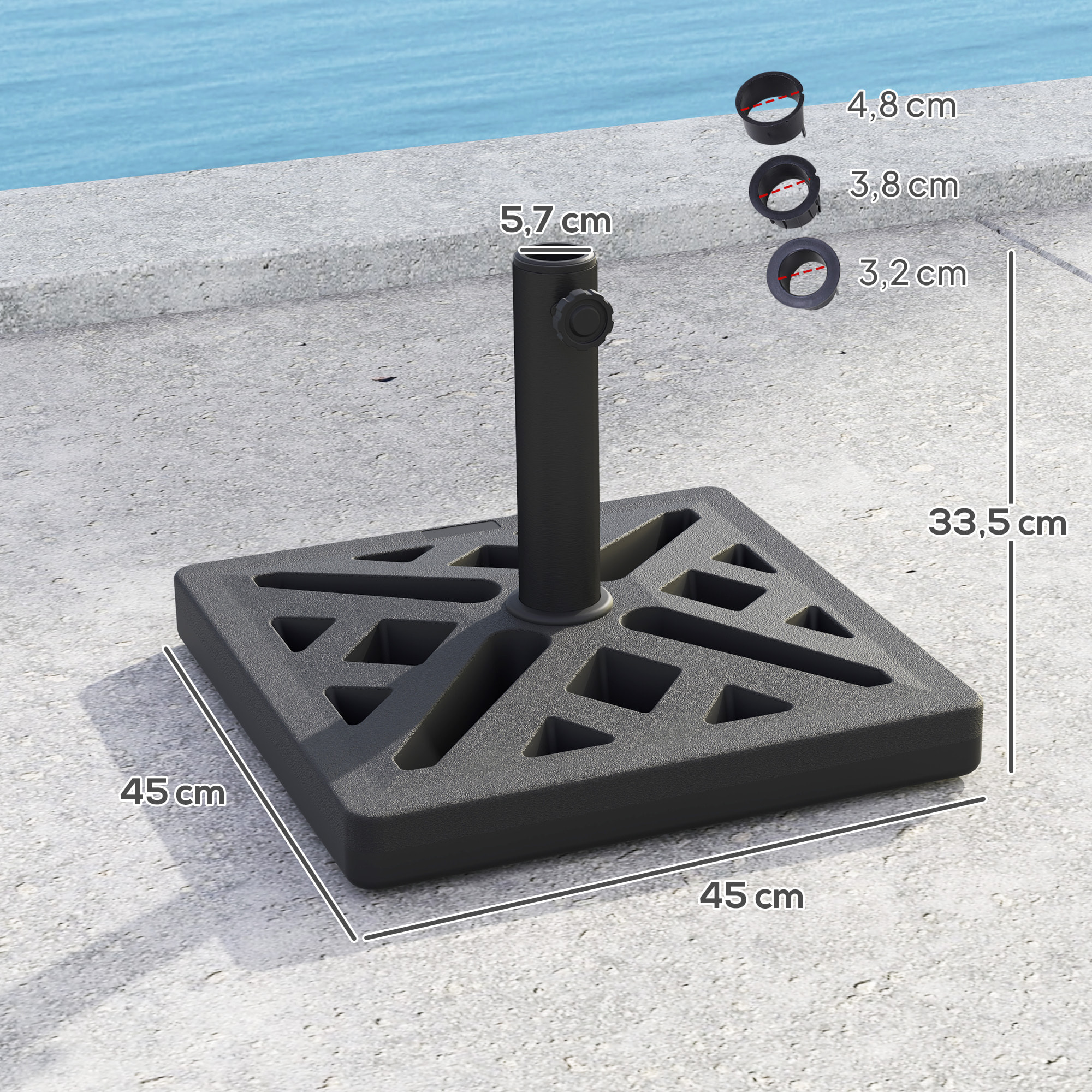 Pied de parasol carré design graphique ajouré dim. 45 x 45 x 33,5 cm poids net 15 Kg HDPE noir