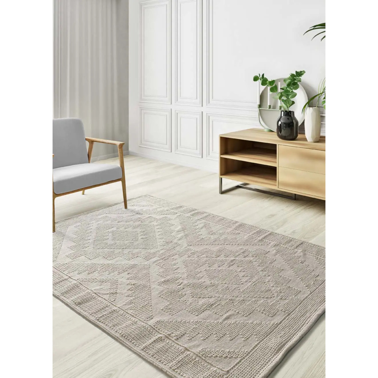 PAMUK Alfombra étnica algodón reciclado con relieve en crema, varias medidas disponibles