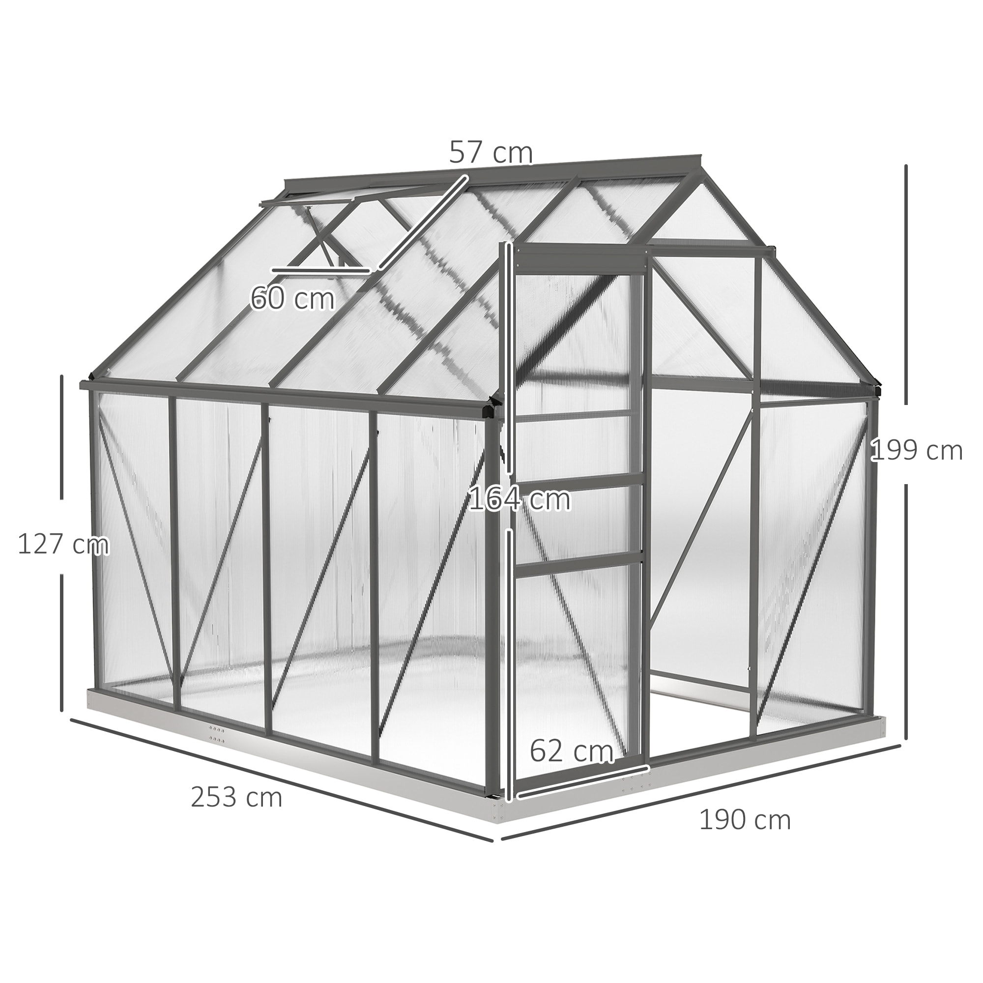 Serre de jardin polycarbonate alu 4,8 m² dim. 2,53L x 1,9l x 1,99H m lucarne réglable fondation porte coulissante gris