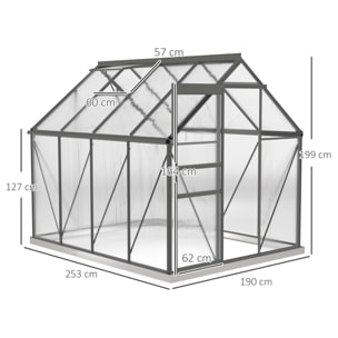 Serre de jardin polycarbonate alu 4,8 m² dim. 2,53L x 1,9l x 1,99H m lucarne réglable fondation porte coulissante gris