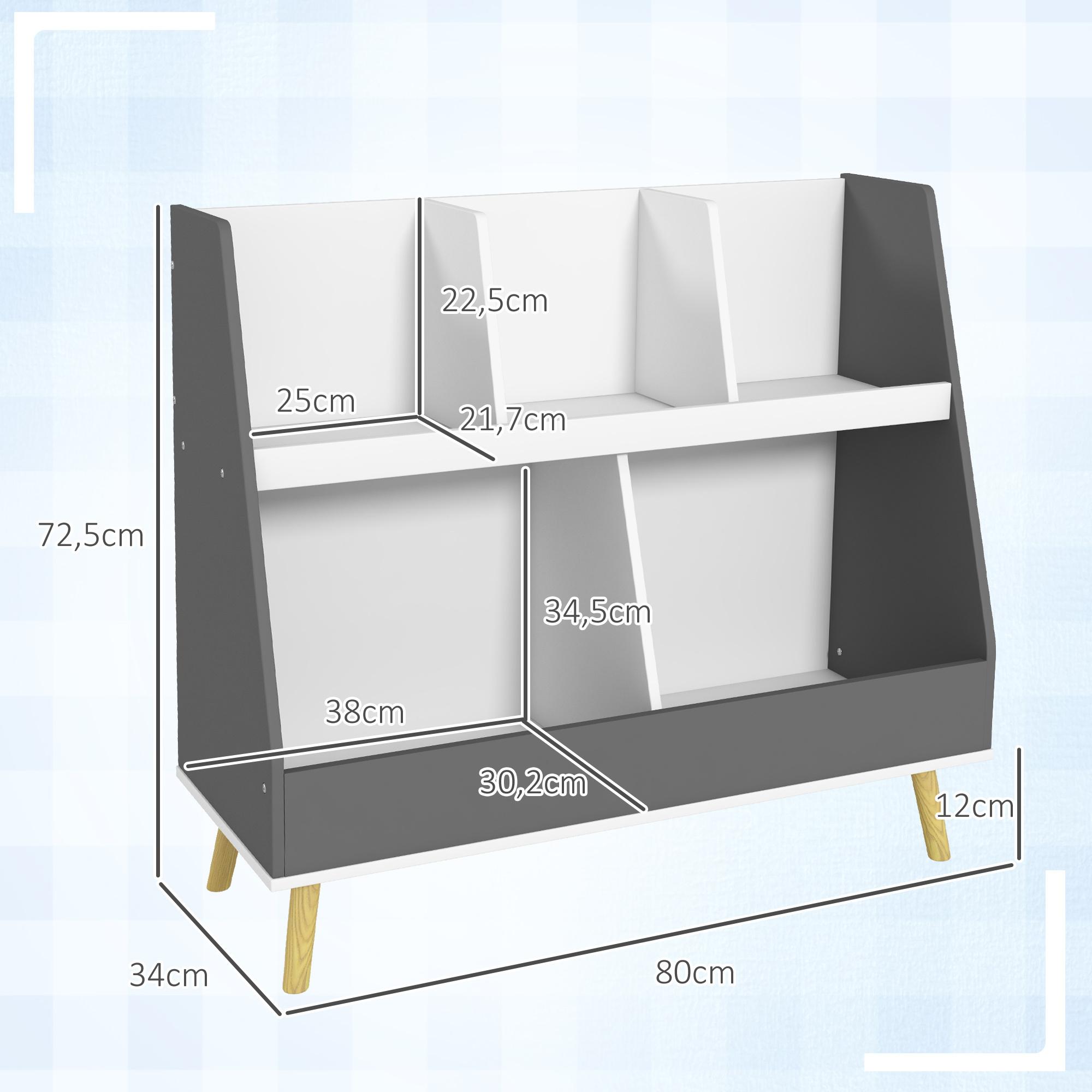 Estantería para Juguetes para Niños Organizador Infantil de 2 Niveles con 5 Compartimentos y Patas de Madera de Pino para Guardería Sala de Juegos 80x34x72,5 cm Gris y Blanco