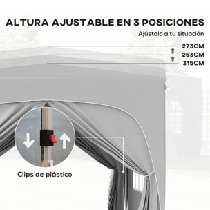 Carpa Plegable 3x3 m, Cenador Pabellón de Jardín con Altura Ajustable de 3 Niveles, 4 Paredes Laterales, Ventanas y Bolsa Transporte, UPF50+, Impermeable para Fiestas, Exterior, Gris