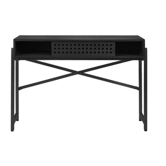Console industrielle bois et métal noir avec porte coulissante ajourée 110 cm - MALIA