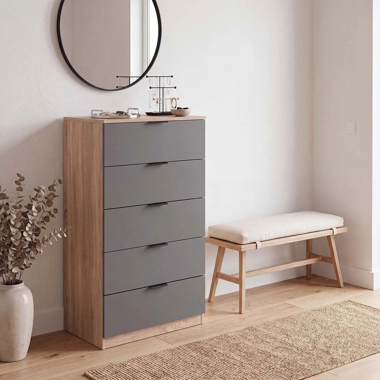 Cómoda alta de 5 cajones en roble canadian y gris grafito 60x110 cm Akari Roble Canadian - Gris Grafito