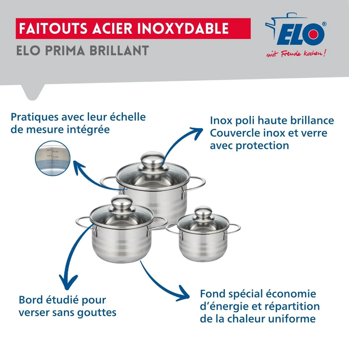 Ensemble de 2 Poêles de cuisson 28 et 32 cm et 3 faitouts 12, 14 et 16 cm Elo Profi Brillant