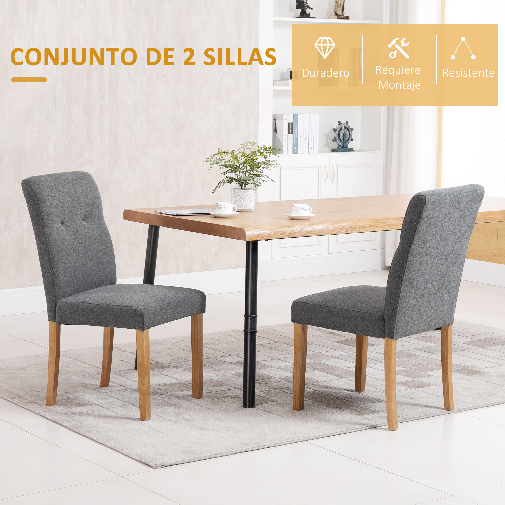 HOMCOM Conjunto de 2 Sillas de Comedor con Respaldo Alto Asiento Acolchado y Tapizadas con Tejido Transpirable con Tacto de Lino Cocina Sala de Estar 50x62x96 cm Gris