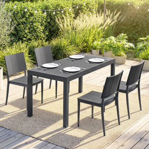 Conjunto de Mesa y Sillas Jardín de 5 Piezas, Muebles Jardín Exterior con Mesa de Tablero Ranurado, 4 Sillas Apilables, Marco Metálico para 4 Personas, para Patio, Terraza, Gris Oscuro
