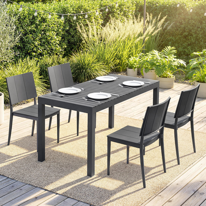 Conjunto de Mesa y Sillas Jardín de 5 Piezas, Muebles Jardín Exterior con Mesa de Tablero Ranurado, 4 Sillas Apilables, Marco Metálico para 4 Personas, para Patio, Terraza, Gris Oscuro