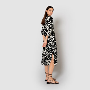 Vestido midi bambula detalles plisados tendis beige/negro