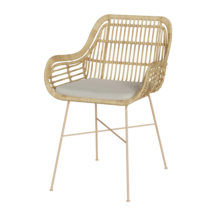 Chaise en rotin, coussin en tissu et pieds en métal beige - Chiloe
