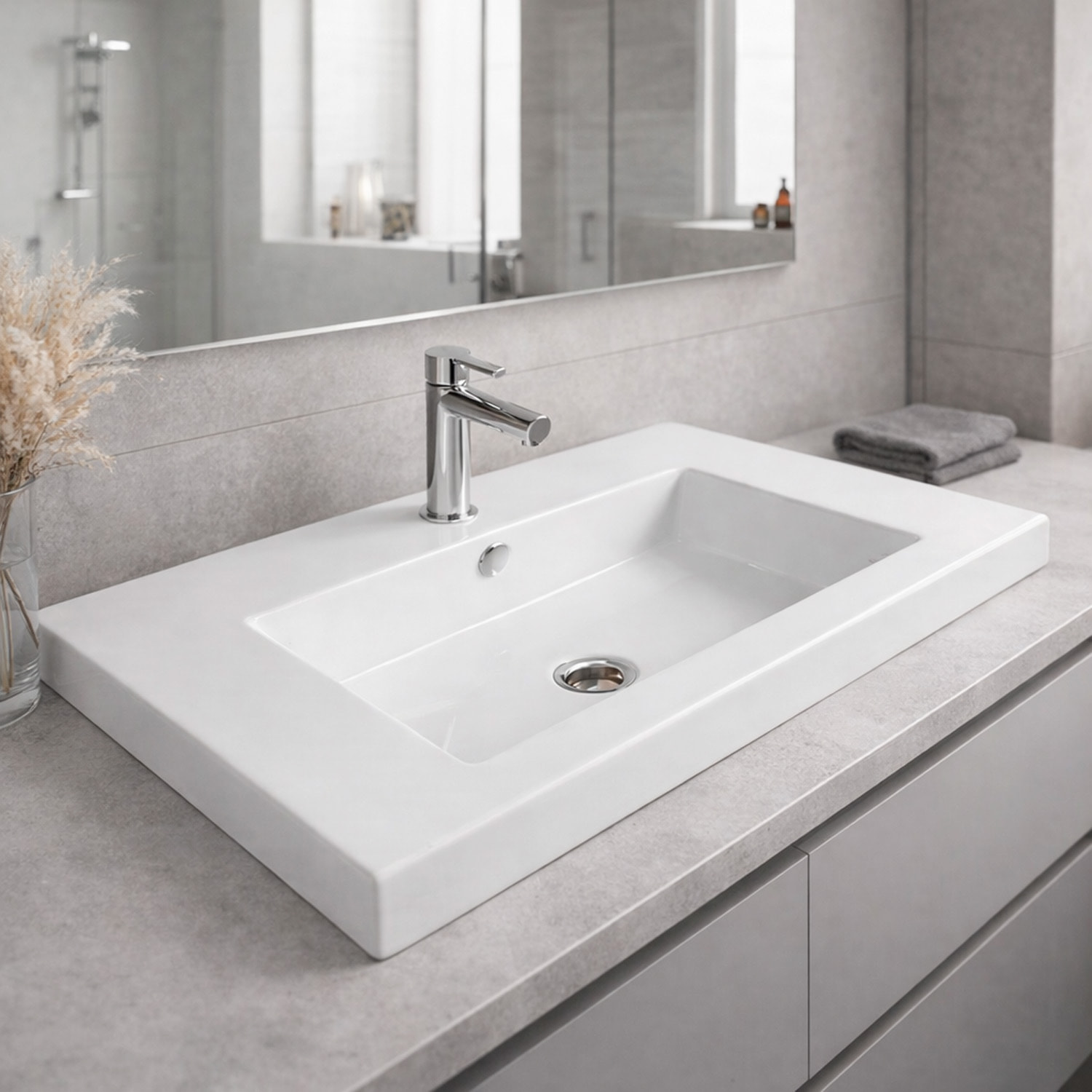Lavabo Da Incasso Rettangolare Lavandino Bagno In Ceramica Design Moderno Elegante Per Top Bagno 101 x 36 cm Bianco