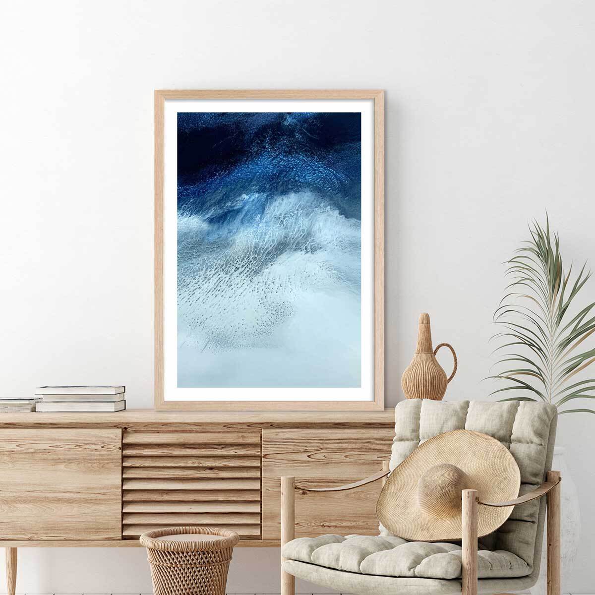 Poster bleu rivage Affiche + cadre en bois - Chêne