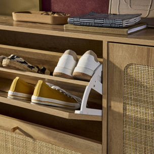 Meuble à chaussures décor bois et cannage 3 abattants 1 porte BOHÈME