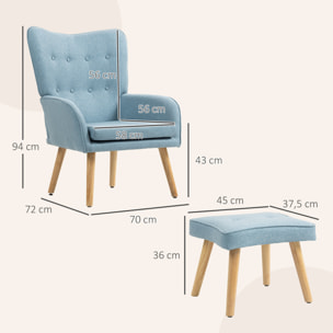 Sillón con Reposapiés Sillón Lectura con Respaldo Alto Capitoné Patas de Madera y Tapizado en Lino Butaca para Salón Dormitorio Oficina Azul Claro