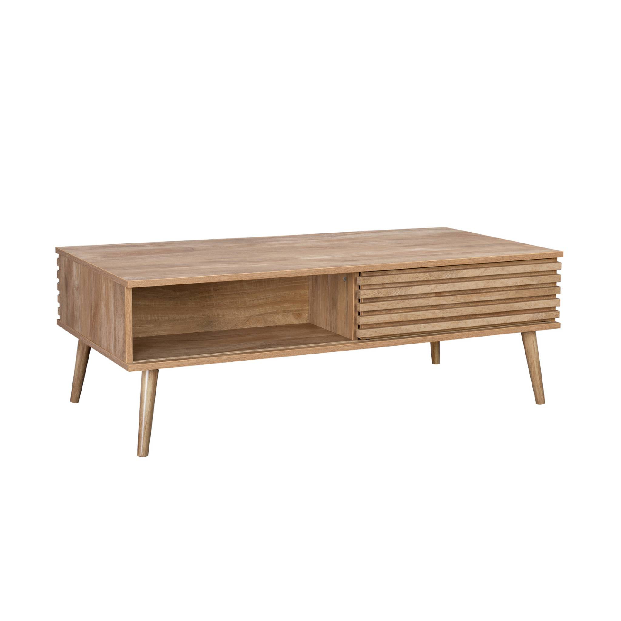 Table basse scandinave avec portes coulissantes décor bois rainuré et niches de rangement