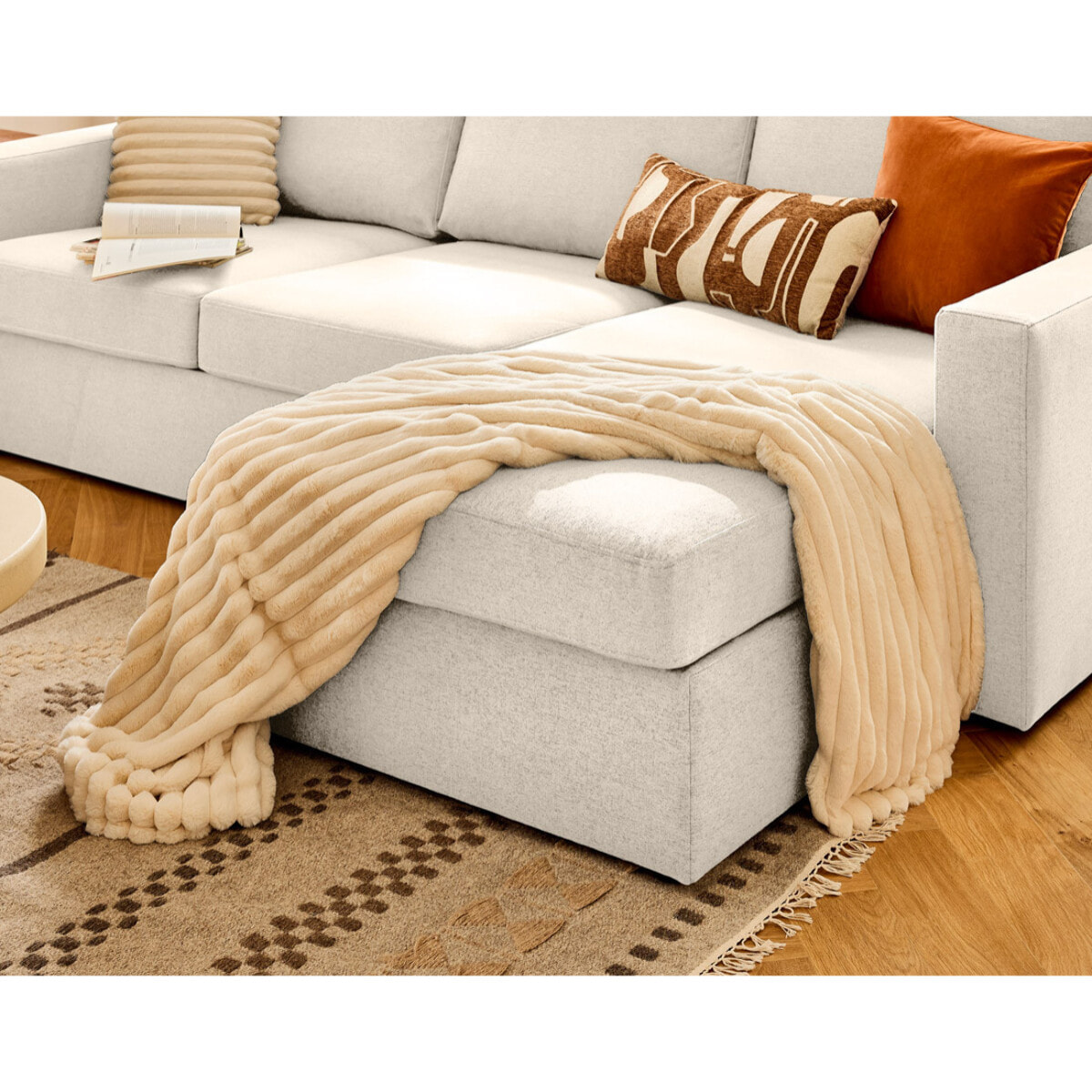 Barrie - canapé d'angle réversible 4 places avec têtière amovible en tissu - Beige