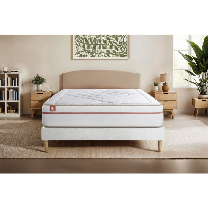 Pack Matelas Le Paisible - 24cm - Mémoire de forme - Matériaux éco-responsable - Sommier Tapissier Blanc - Avec couette et oreillers
