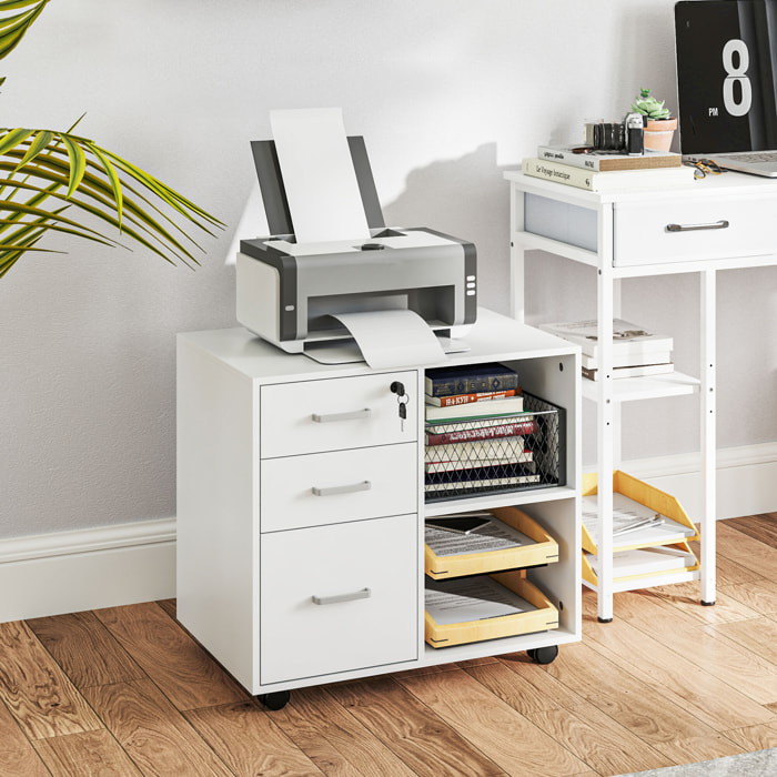 Meuble imprimante mobile - caisson de bureau - tiroir verrouillable + 2 tiroirs, 2 niches - blanc