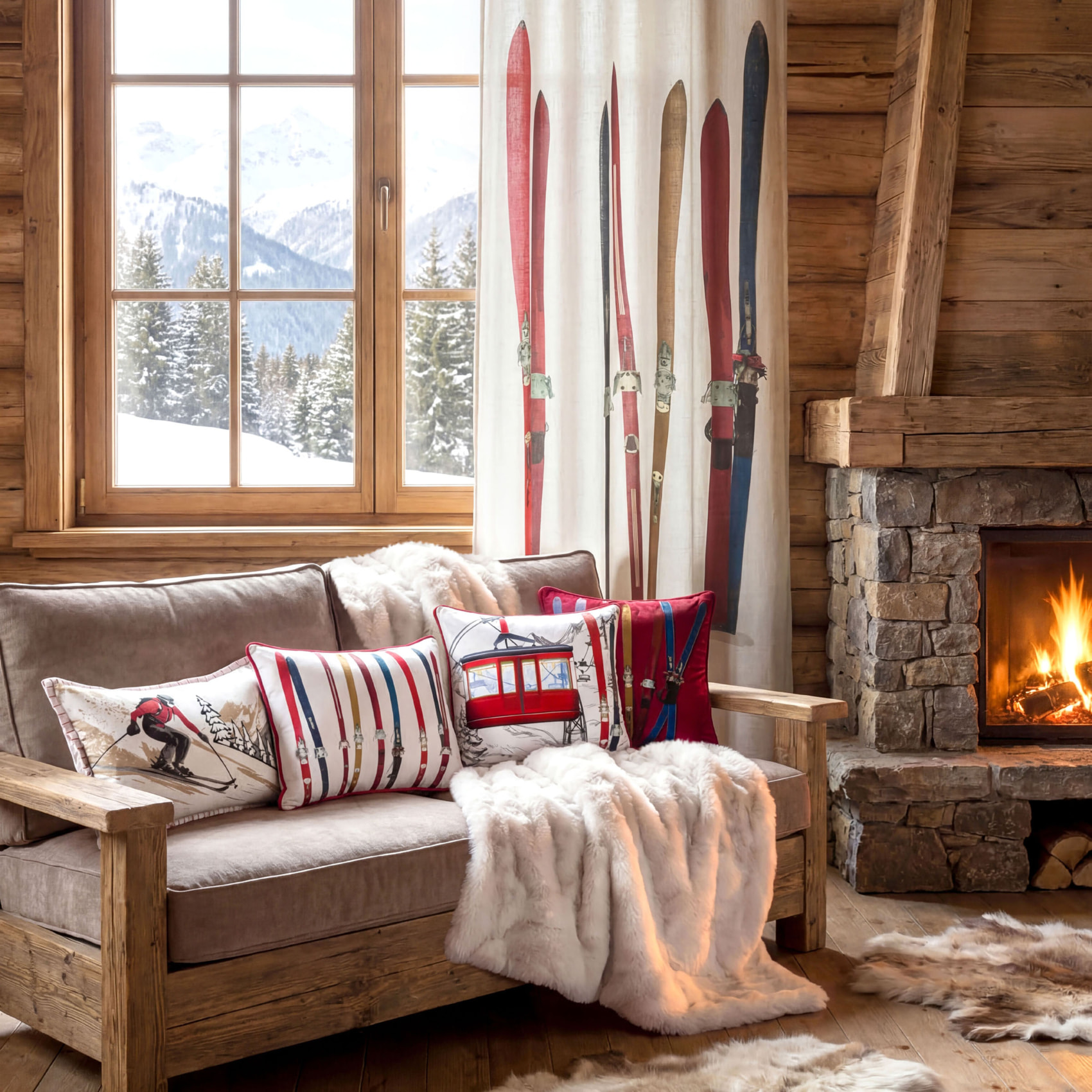 Coussin rectangulaire en coton à motif ski - Blanc
