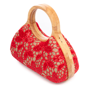 Avisio bolso de mano fabricado en madera natural, algodón y jute con diseño malla de tejido floral