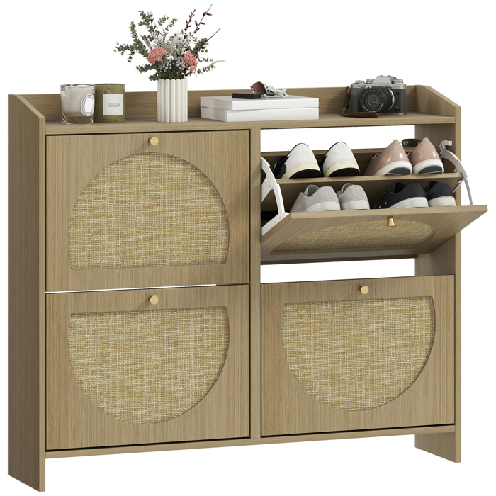 Zapatero Estrecho con 4 Puertas de Ratán, Zapatero Entrada Recibidor con Estantes Ajustables, para 16 Pares de Zapatos, para Espacios Reducidos, 104,5x24x88 cm, Natural