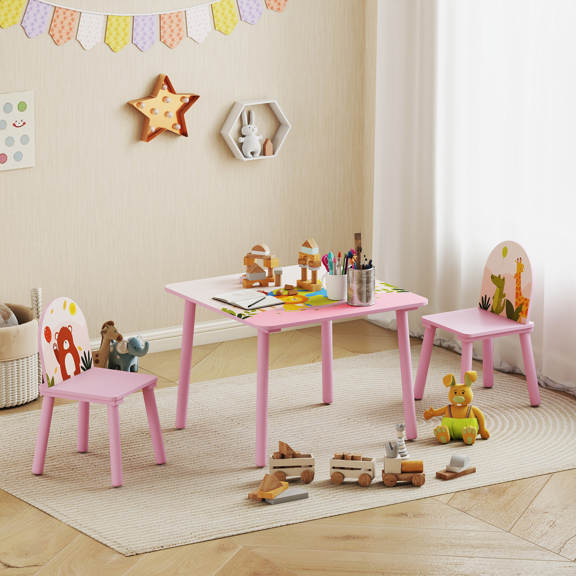 Mesa Infantil con 2 Sillas, Mesa y Sillas Infantil con Estampados de Animales, para Niños y Niñas de 3-8 Años, para Hogar, Guardería, Aulas, Rosa
