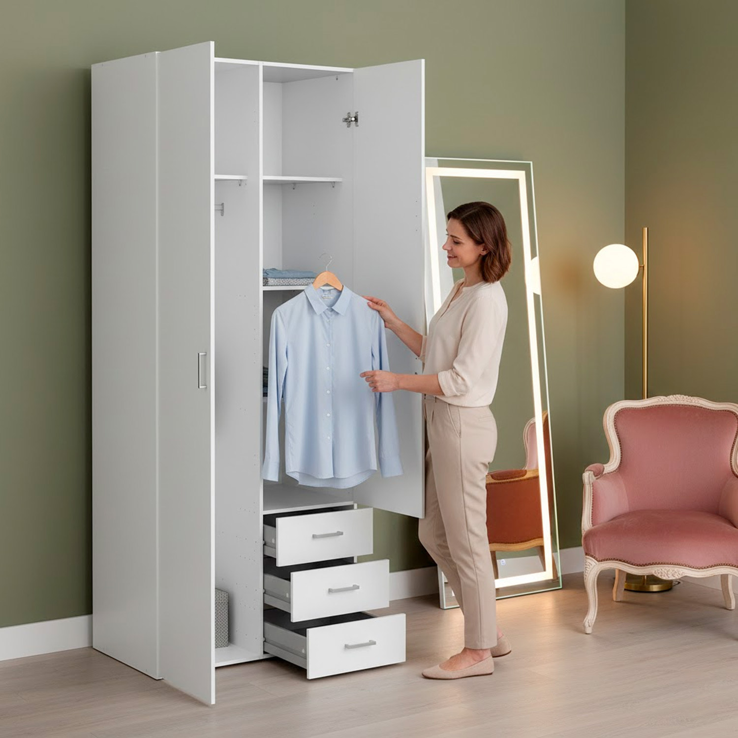 Armadio Con 2 Ante e 3 Cassetti Armadietto Multiuso Design Moderno Salvaspazio Vano Con Barra Appendiabiti E Ripiani 77.6 x 49.5 x 200.4 Cm Bianco