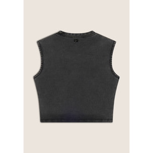 Top cropped effetto denim decorato sulle spalle