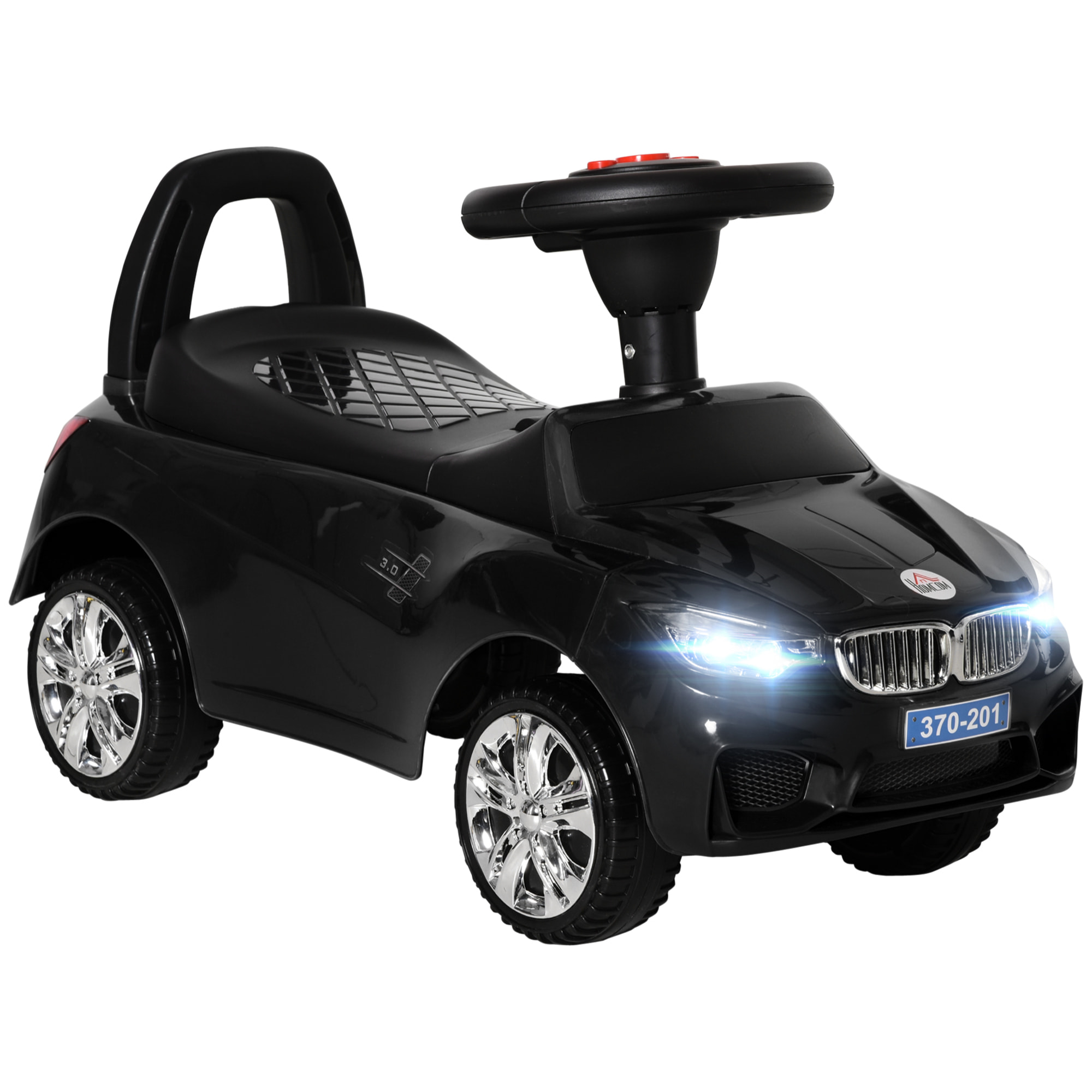 Coche Correpasillos para Niños de 18-36 Meses Andador Correpasillos con Faros Música Bocina Volante Espacio de Almacenaje y Asa para Empujar 63,5x28x36 cm Negro