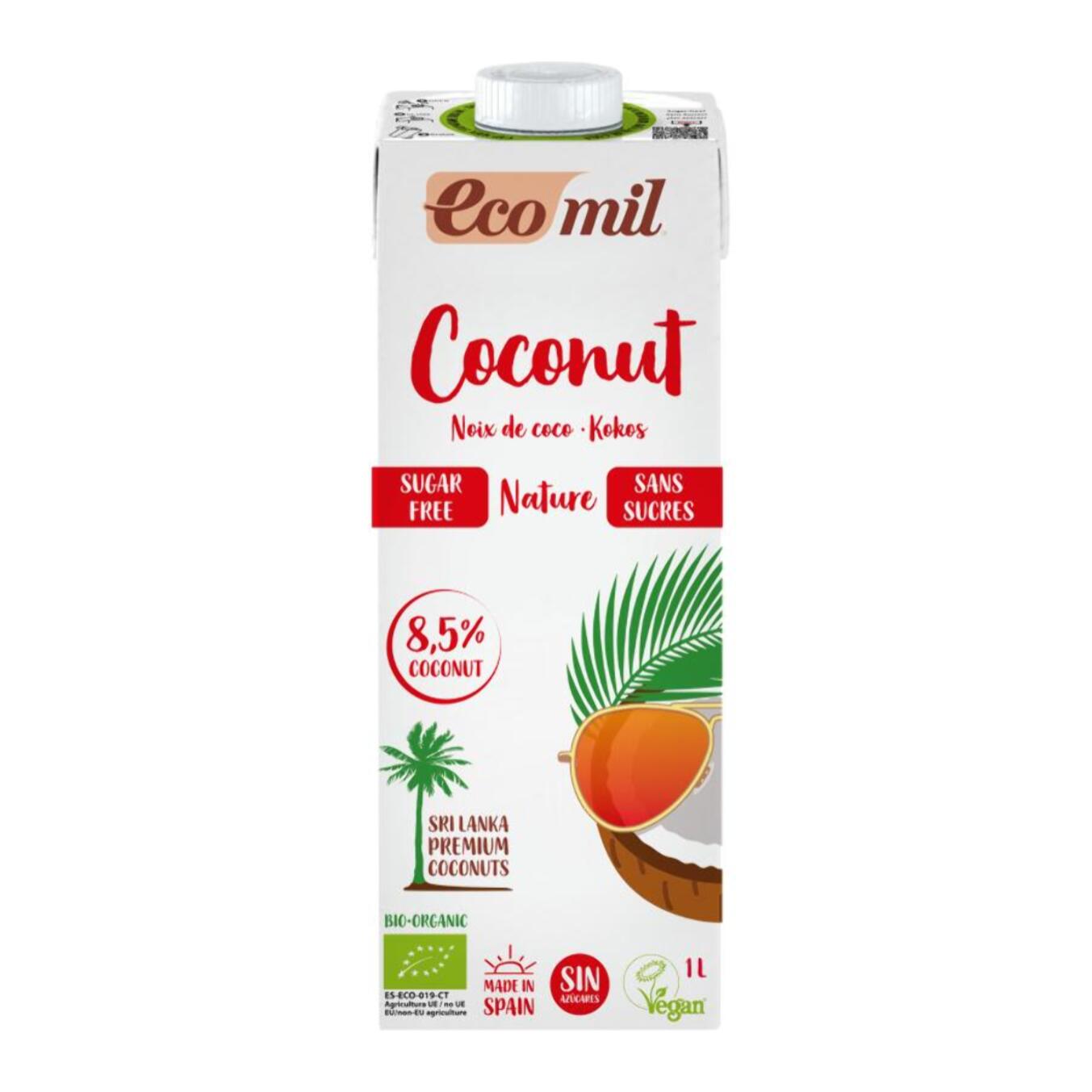 Bebida vegetal de coco sin azúcar, sin gluten y sin lactosa Ecomil 1L