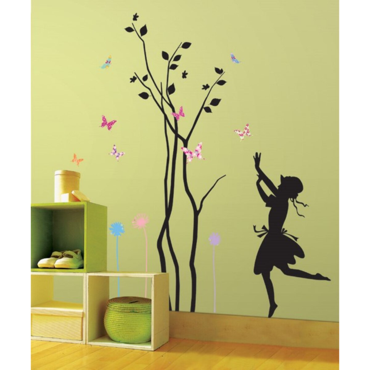 Stickers Muraux décoration adhésifs arbre petite fille et papillons