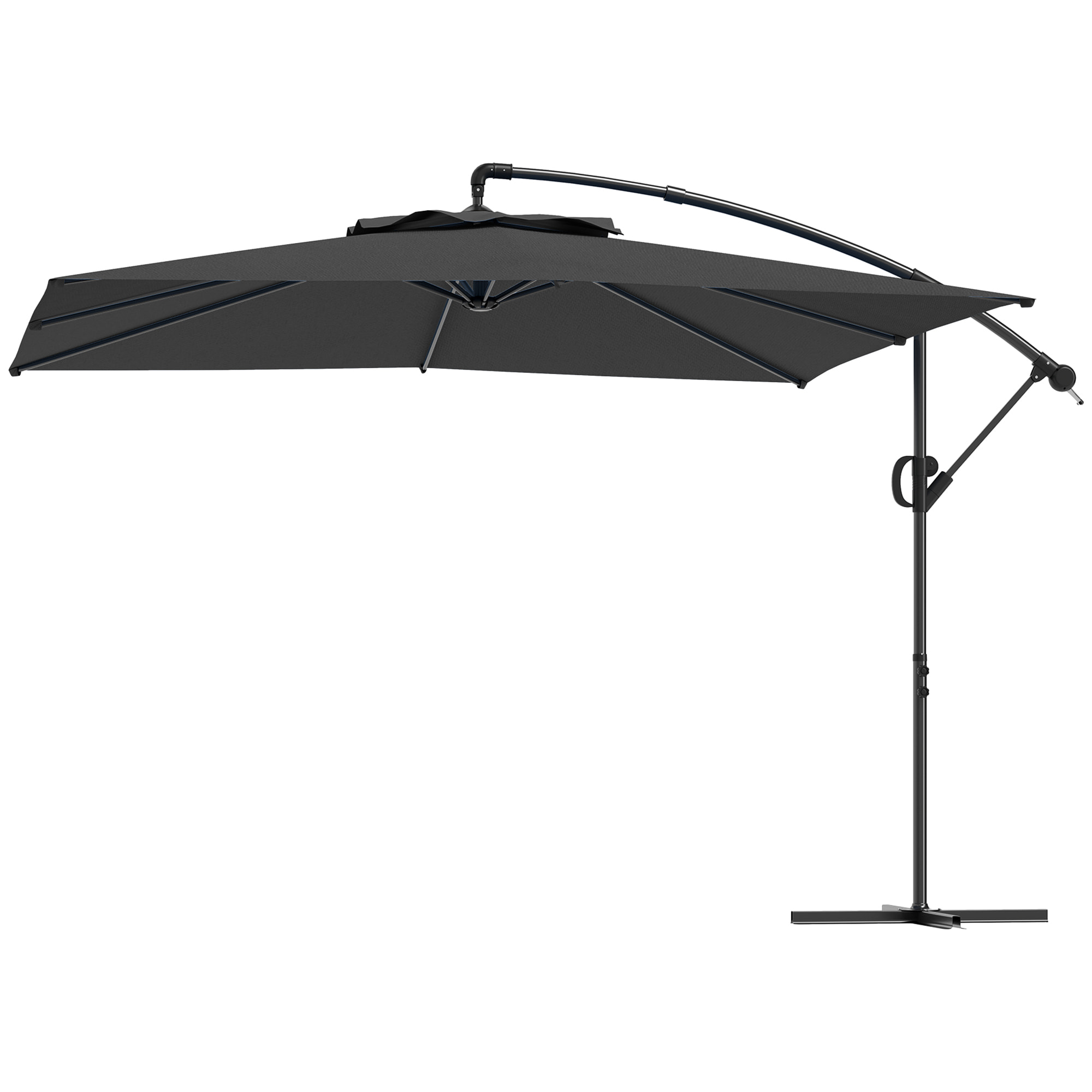 Parasol déporté carré 3 x 3 m réglable piètement croix manivelle tissu haute densité 180g/m² UPF50+ gris
