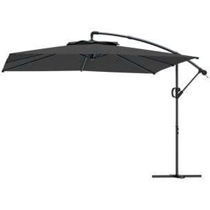 Parasol déporté carré 3 x 3 m réglable piètement croix manivelle tissu haute densité 180g/m² UPF50+ gris