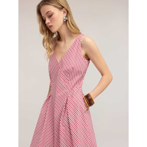 Motivi - Vestido de línea A en popelín a rayas - Rojo