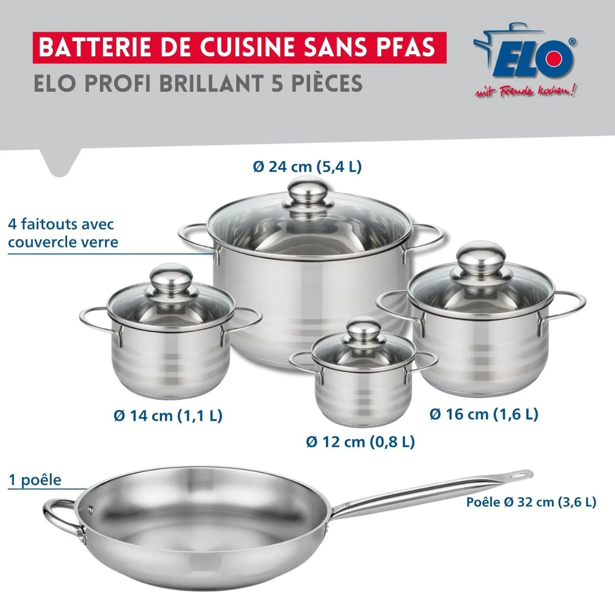 Ensemble de 1 Poêle de cuisson 32 cm et 4 faitouts 12, 14, 16 et 24 cm Elo Profi Brillant
