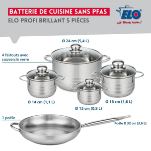 Ensemble de 1 Poêle de cuisson 32 cm et 4 faitouts 12, 14, 16 et 24 cm Elo Profi Brillant