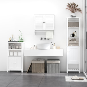 Armoire haute murale salle de bain ou WC - placard 2 portes persiennes avec étagère - porte-serviette - MDF blanc