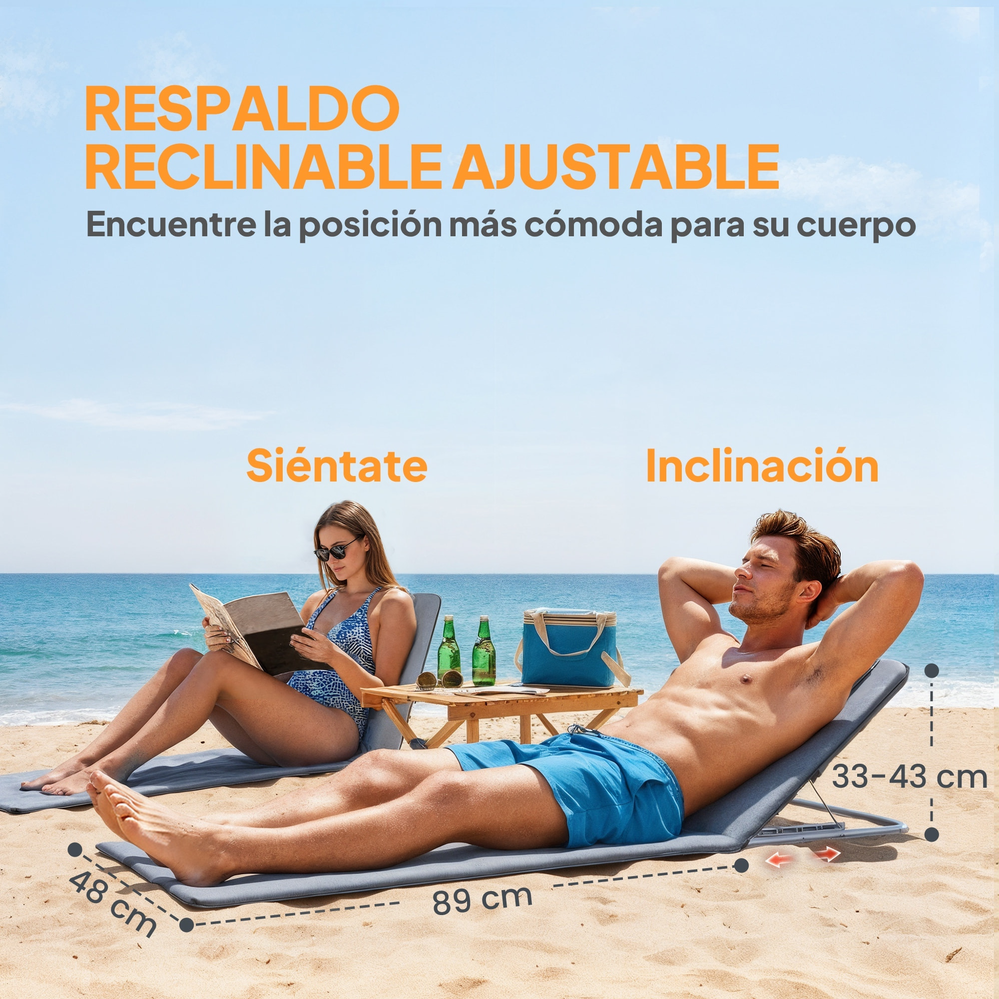 Conjunto de 2 Esterillas de Playa Plegables, Esterillas con Respaldo Reclinable en 5 Niveles, Reposacabezas y Bolsa de Transporte, 134x48x33-43 cm, Gris